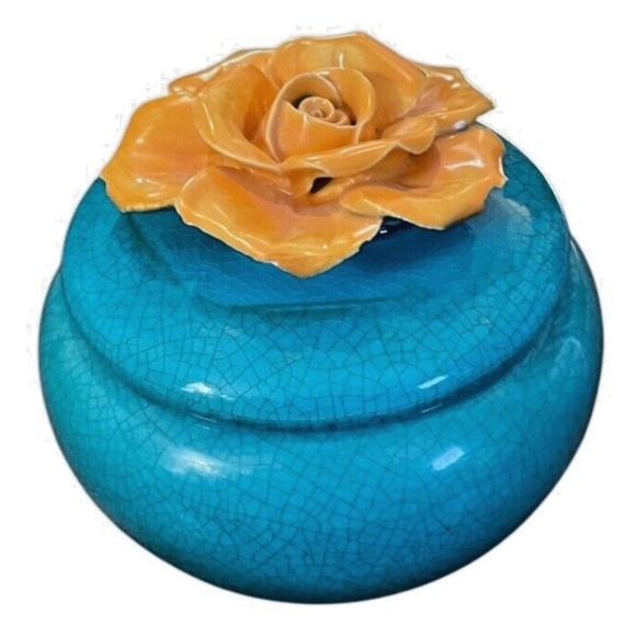 Hand Painted Art Pottery Lidded Trinket Dish With Sculpted Yellow Flowers - Picture 2 of 7